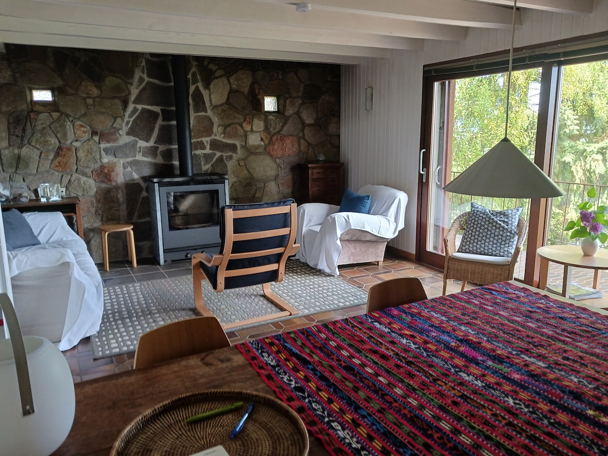 A living space features a stone fireplace, wooden beams, and large windows allowing natural light. Various seating arrangements, including a chair with cushions and a sofa, are present. A colorful woven rug adds warmth, while a dining table and potted plants enhance the ambiance.