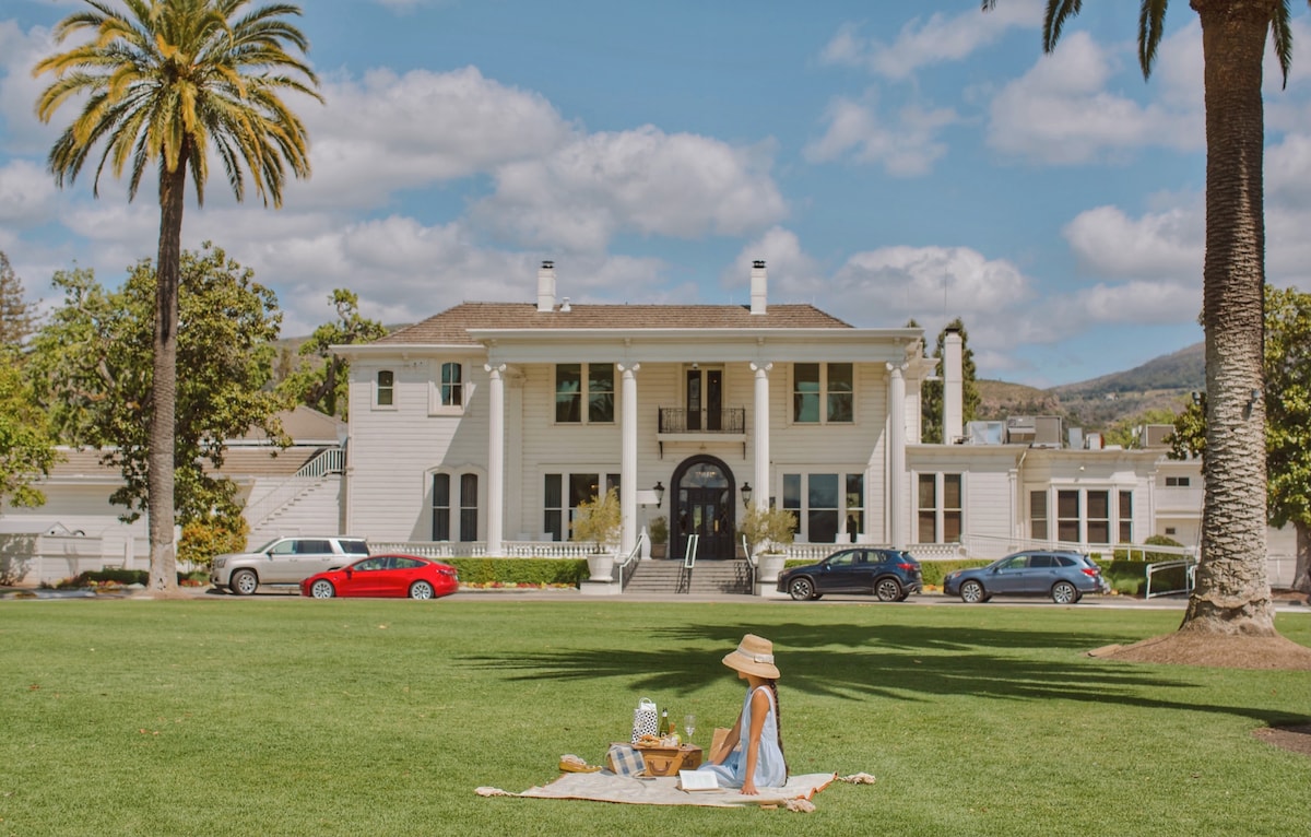 A grand, two-story white mansion is set against a backdrop of palm trees and blue skies. A person is seated on a picnic blanket on lush green grass, enjoying a leisurely moment in front of the elegant building. Several cars are parked nearby.