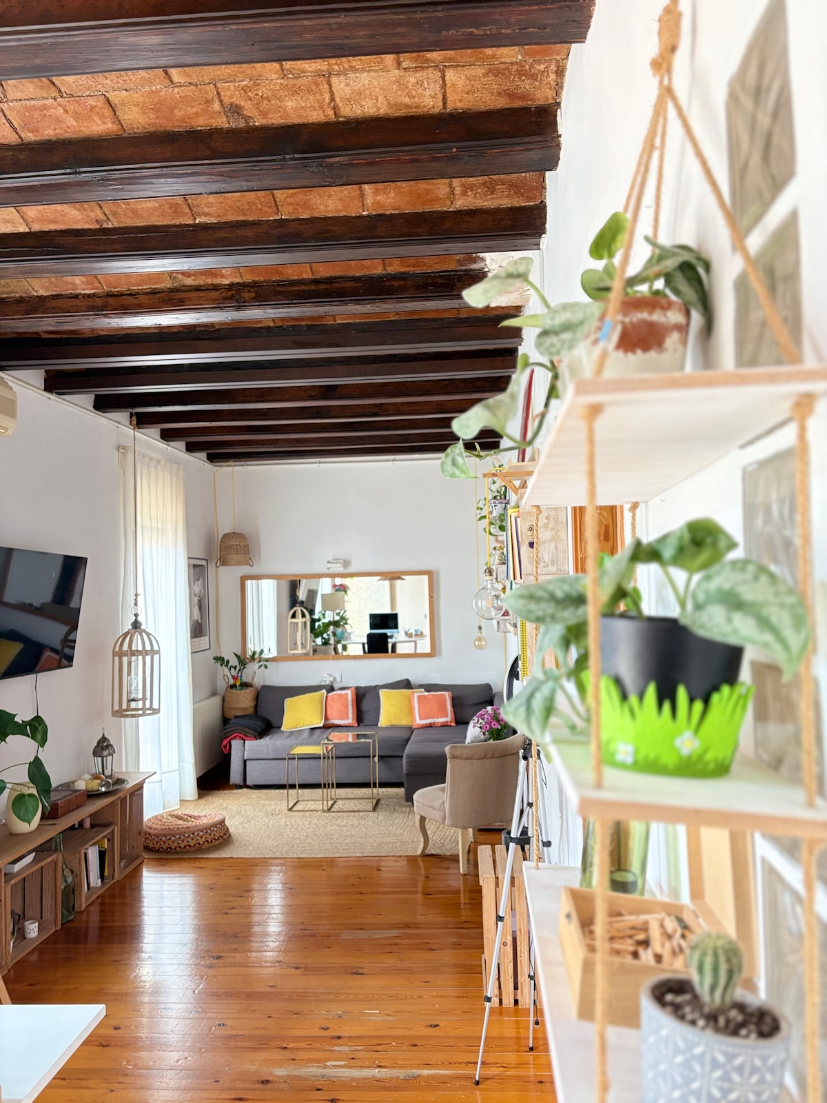 A living area features wooden beams supporting the ceiling, while light floods in through large windows. A gray sofa is complemented by colorful cushions. Plants adorn shelves and a wall, adding a touch of greenery, and a mirror reflects the inviting atmosphere.
