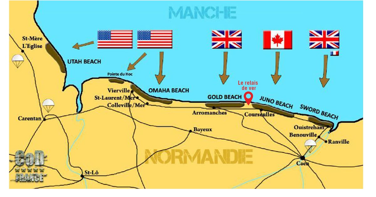 A detailed map illustrates the beaches of Normandy, including Utah, Omaha, Gold, Juno, and Sword beach, highlighted with flags representing the United States, Canada, and the United Kingdom. Key locations are labeled, providing context for historical events related to World War II.