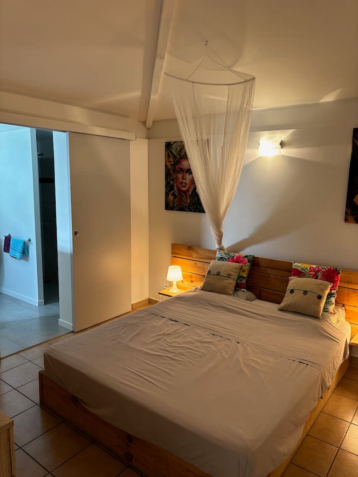 卧室1 ：标准双人床、空调、蚊帐，配备全功能卫生间（马桶、水槽和意大利淋浴间）