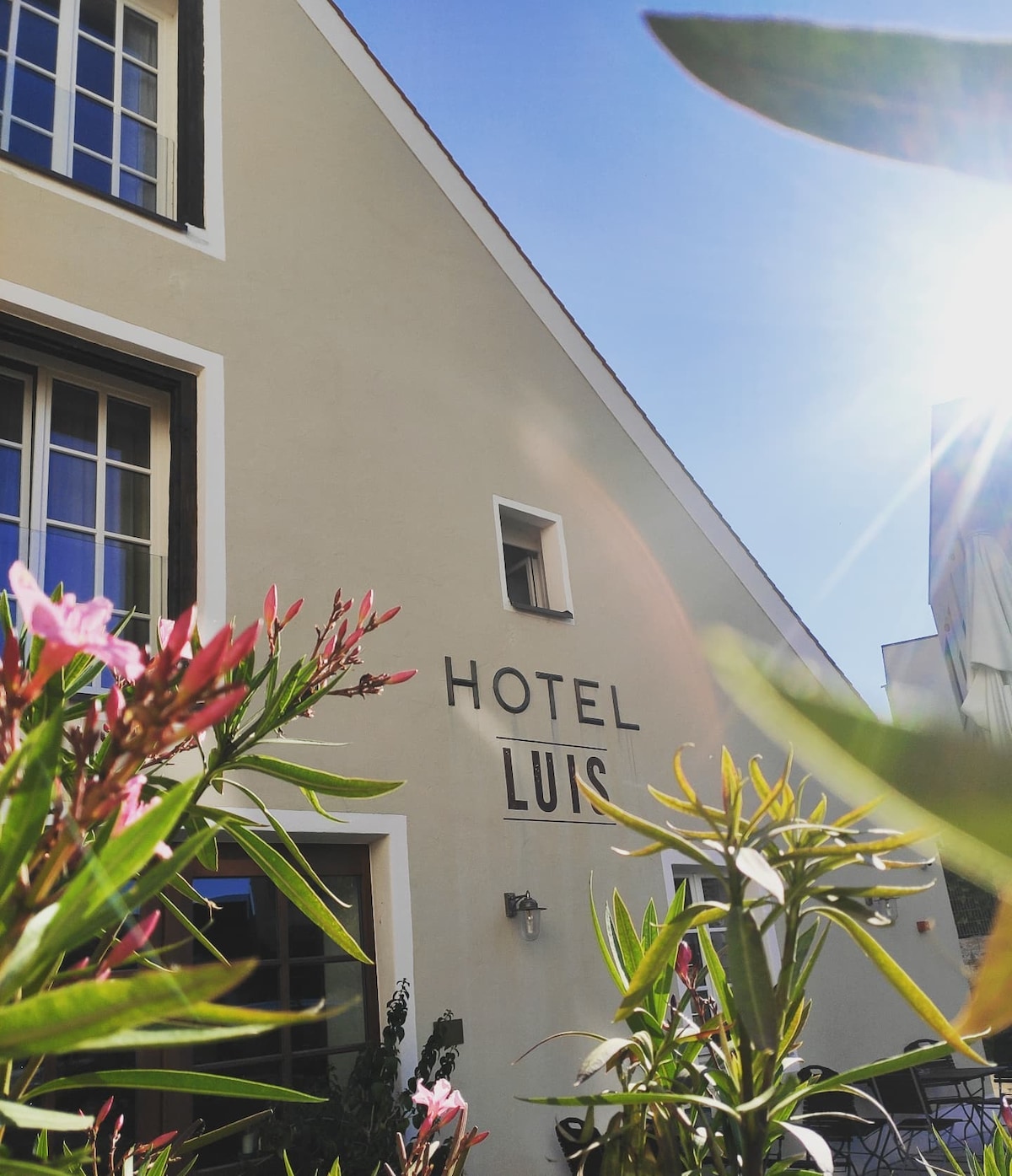 The hotel exterior is prominently displayed, featuring a modern design with a sloped roof. The name 'HOTEL LUIS' is clearly visible on the wall. Lush greenery frames the foreground, while sunlight creates a bright ambiance, enhancing the overall setting.