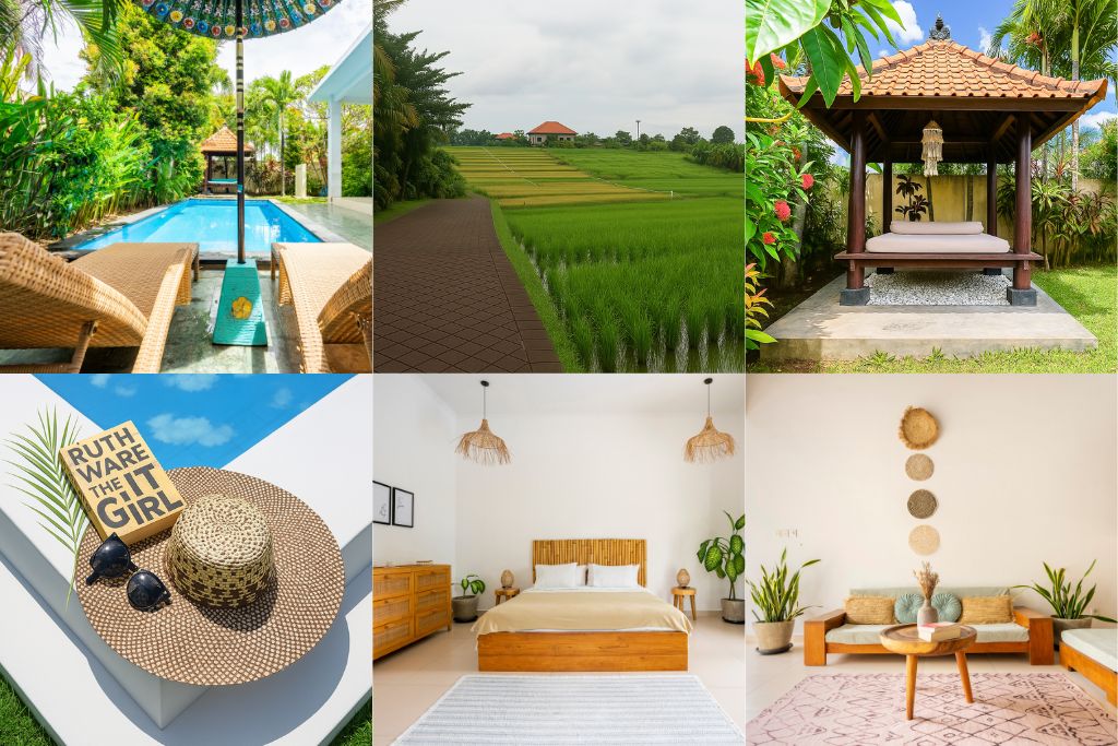 A serene outdoor area features two lounge chairs beside a clear lap pool, surrounded by lush tropical greenery. The scene is complemented by a colorful umbrella providing shade. A tranquil gazebo with a traditional roof stands nearby, overlooking picturesque rice paddies in the distance.