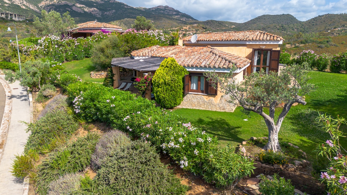A well-maintained villa is set against a backdrop of rolling hills and lush greenery. The garden is filled with colorful flowers and established shrubs, enhancing the outdoor space. A pathway leads to the villa, which features a charming stone facade and tiled roof.