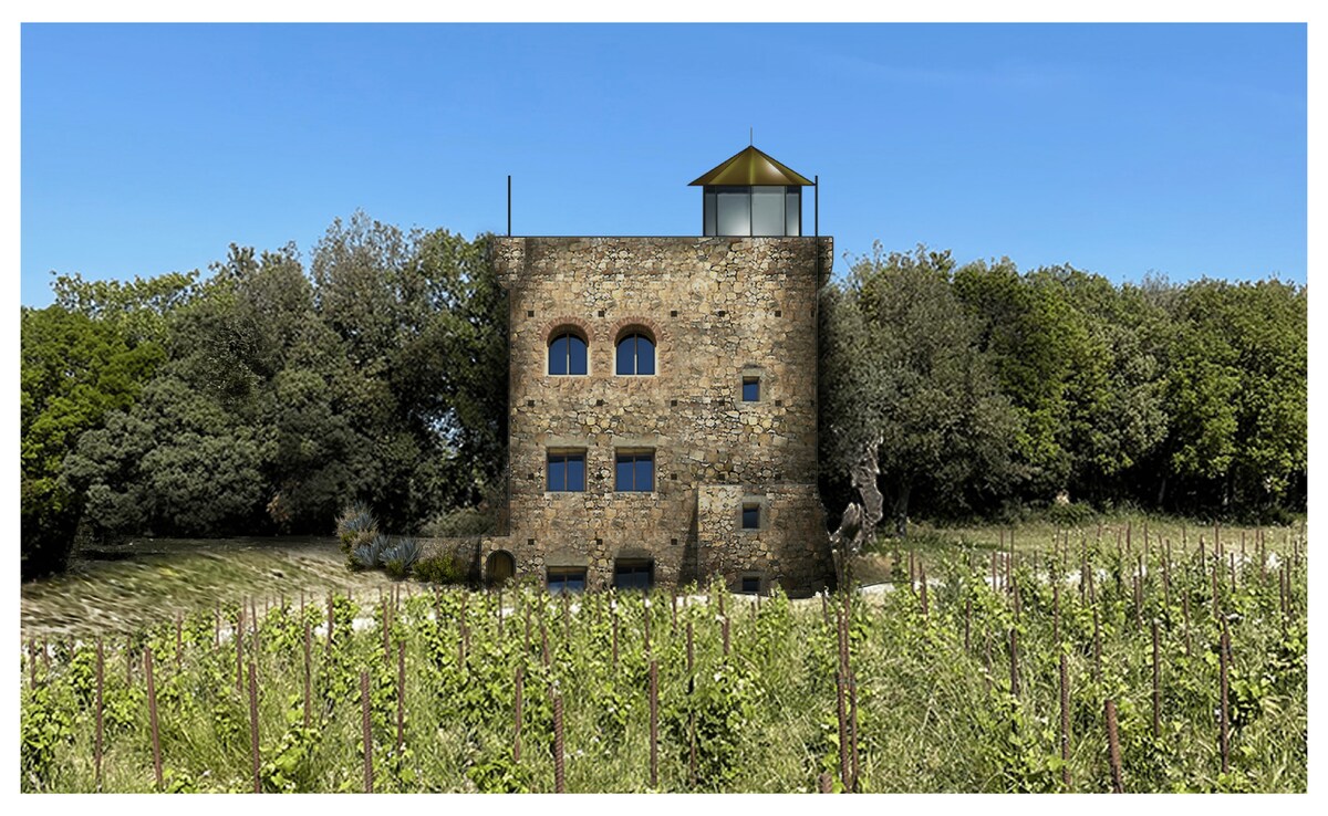 A historic stone building is surrounded by lush vineyards, with green foliage framing the structure. Large windows allow natural light to fill the space. A glass-topped structure rises above, offering views of the expansive countryside.