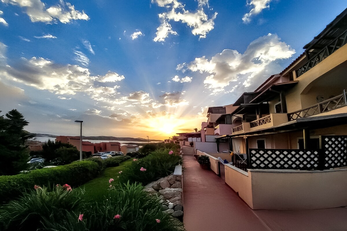 A scenic view captured during sunset, showcasing the vibrant colors of the sky against a backdrop of residential buildings. A pathway lined with greenery leads towards the buildings, all while the warm light of the setting sun creates a calming atmosphere.