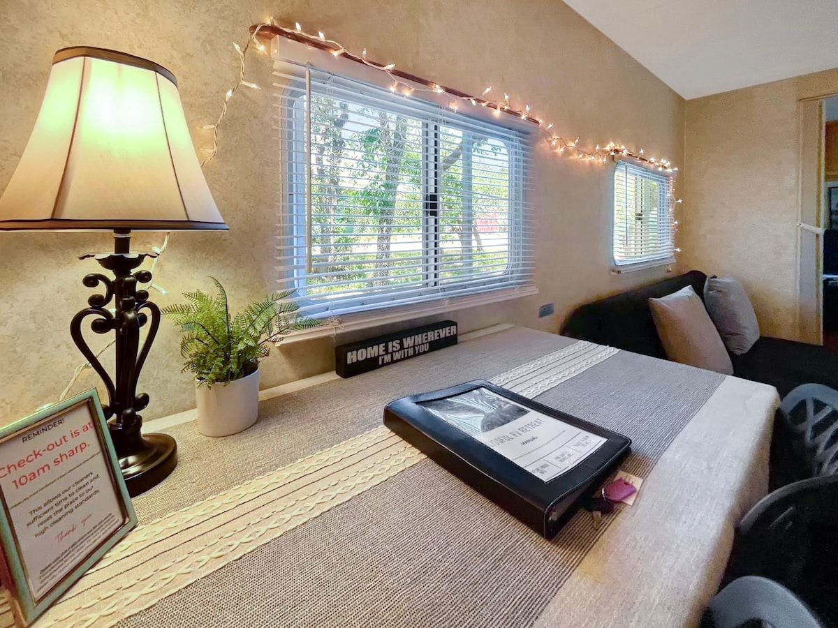 A cozy interior space is highlighted by a decorative lamp and soft lighting from fairy lights along the window. A potted plant is placed on the table, alongside a binder with information for guests. The large window offers a view of the outdoors.