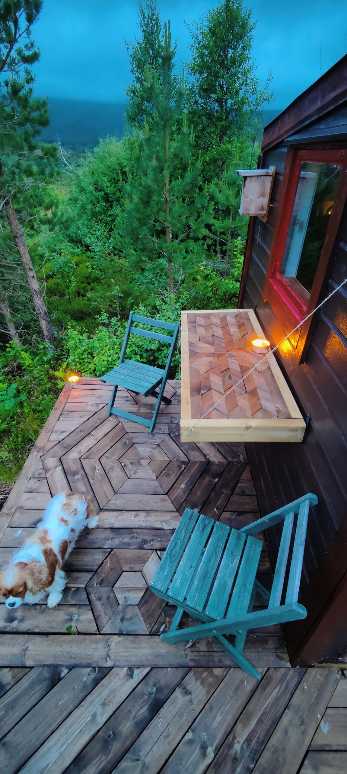 An outdoor deck area features a wooden table surrounded by two green chairs, beautifully integrated with a patterned wooden floor. Soft lighting creates a calming ambiance, with greenery enveloping the space. A small dog is seen roaming nearby, adding a sense of warmth to the outdoor setting.