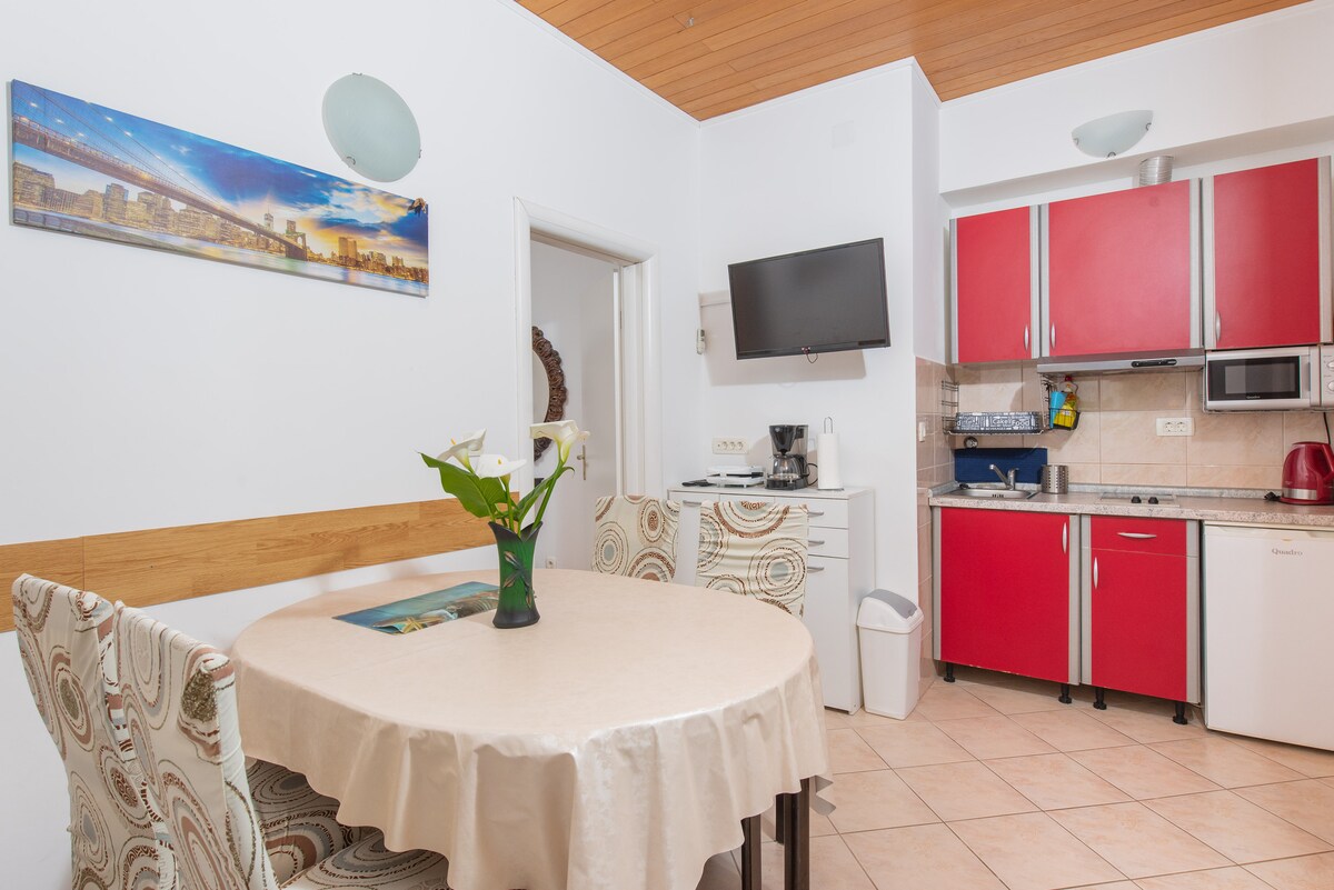 The kitchen area features red cabinetry and a kitchenette equipped with essential appliances, including a microwave, kettle, and stove. A round dining table with four patterned chairs is positioned in the center, creating a welcoming space for meals. A flat TV is mounted on the wall.