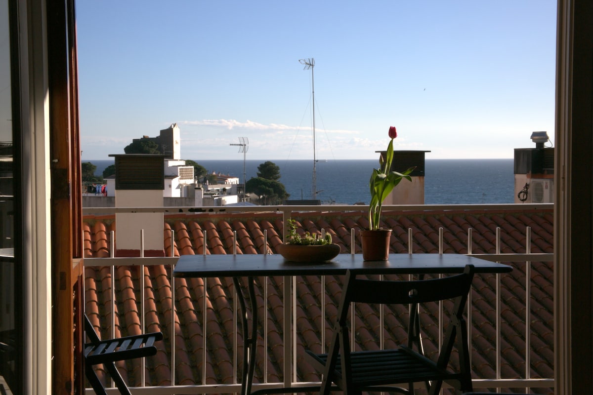 A balcony view captures the coastline and ocean beyond, complemented by a potted plant and a small table with two chairs. Terracotta tiles adorn the roof in the foreground, while the sky stretches blue above.