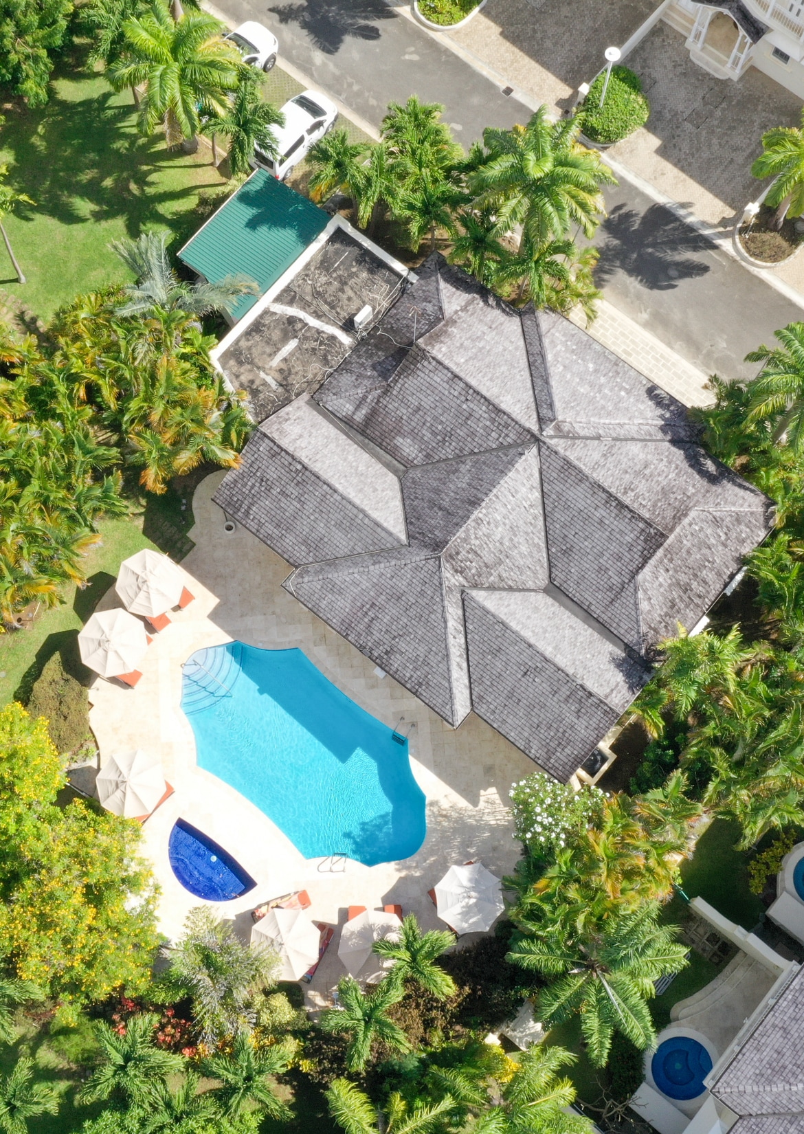 An aerial view showcases a spacious colonial-style house surrounded by a lush, green lawn. A private plunge pool with jacuzzi jets is visible alongside a larger swimming pool. Several loungers and umbrellas are strategically placed around the pools, inviting relaxation.