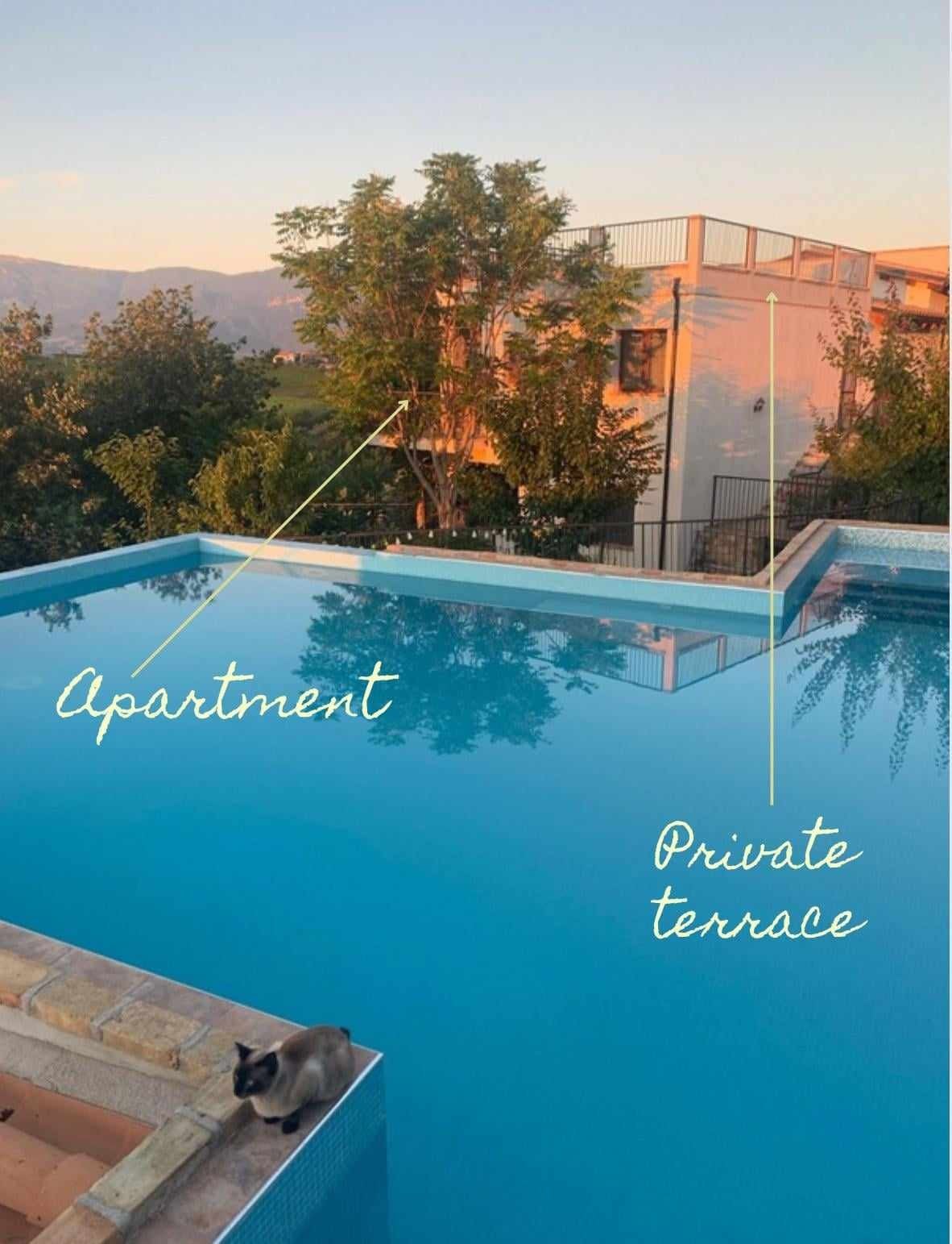 An inviting pool reflects the surrounding landscape, bordered by lush greenery. A private terrace is visible adjacent to the apartment, providing a serene outdoor space. The apartment is positioned slightly elevated for a scenic view, enhancing the tranquil atmosphere.