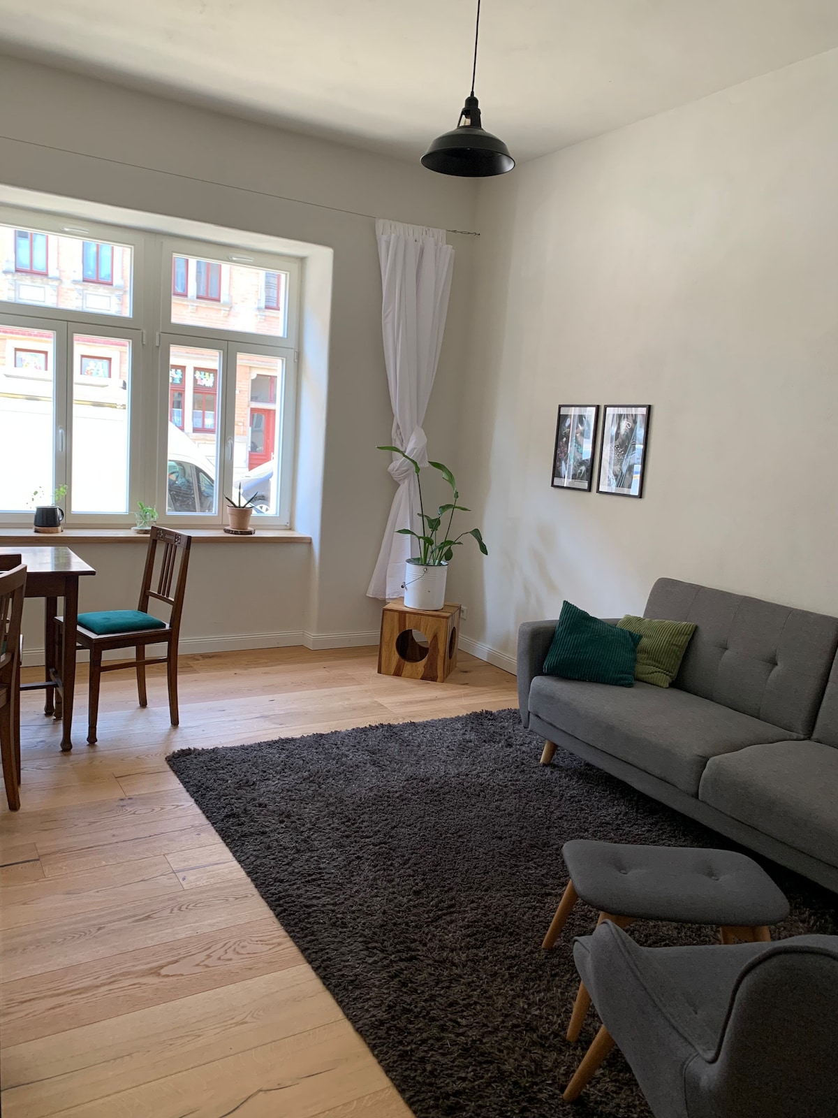 A spacious living area features a light grey sofa and an armchair, complemented by a dark rug. A small dining table with wooden chairs sits nearby. Natural light enters through large windows, illuminating the room, while decorative plants add a touch of greenery.