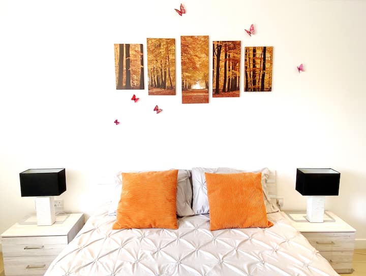 Третата спална соба „Портокалова соба“ (со бања со тоалет и када), со европски брачен кревет (160*200) и ѕидна уметност