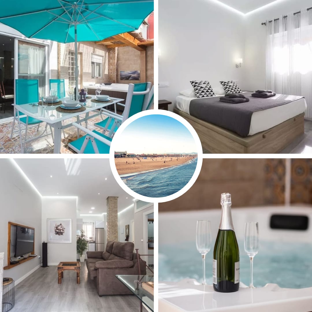 A tranquil terrace features a dining table under a large teal umbrella, complemented by stylish chairs. A cozy sleeping area includes a spacious bed with neutral bedding. The living room, equipped with a Smart TV, offers comfortable seating. A jacuzzi is shown with champagne flutes set nearby.