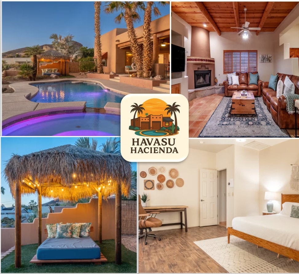 The image collage showcases diverse areas of the resort. A heated pool is framed by lush palm trees under twilight. A cozy living room features leather couches and a fireplace. An outdoor cabana is adorned with string lights, and a bright bedroom highlights a spacious bed.