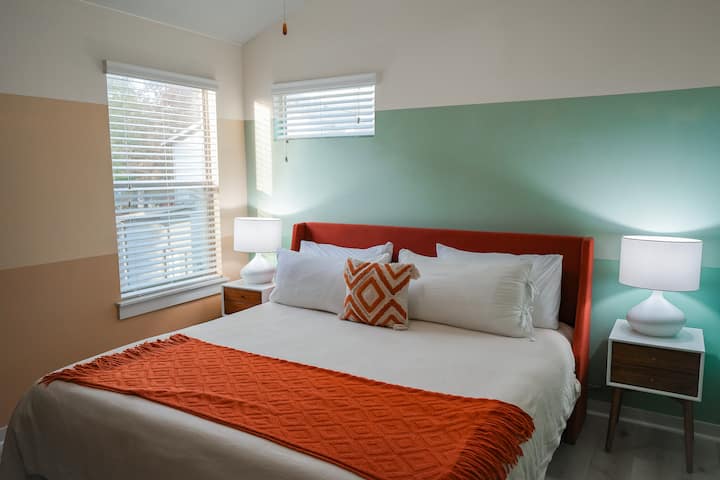 Sleep well with high-quality sheets, Nectar pillows, and king-sized comforter. 