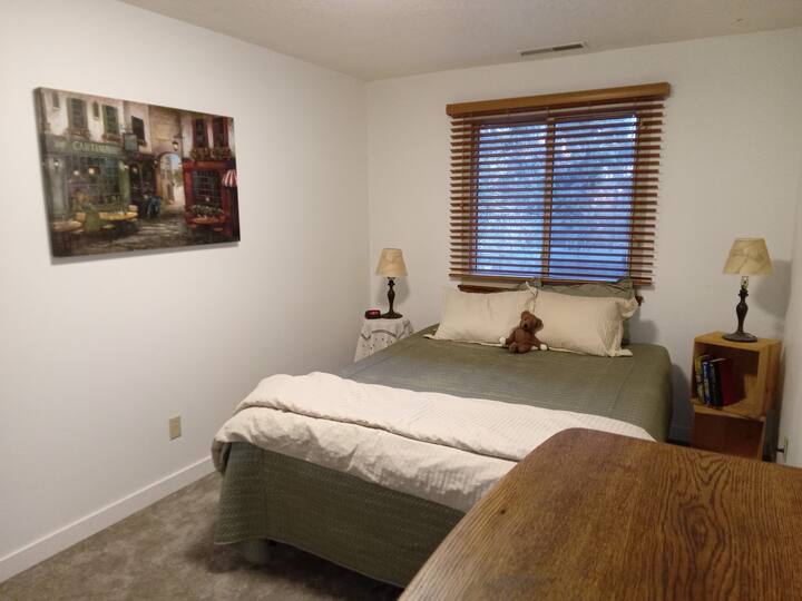 تحتوي غرفة النوم هذه على سرير بحجم كوين وخزانة ملابس كاملة الحجم ومصابيح قراءة لكلا جانبي السرير والكثير من مقابس الوصول الكهربائية وخزانة ملابس.    