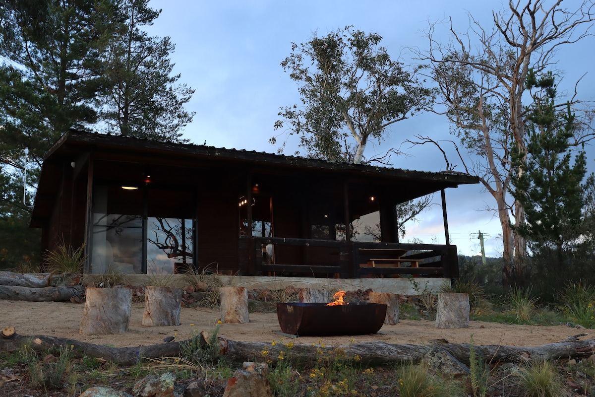 A cedar log cabin is set against a backdrop of trees, featuring a covered porch with a seating area. In front, a fire pit is surrounded by seating made from natural logs, creating an inviting outdoor gathering space. The sky is a mix of blues and grays.