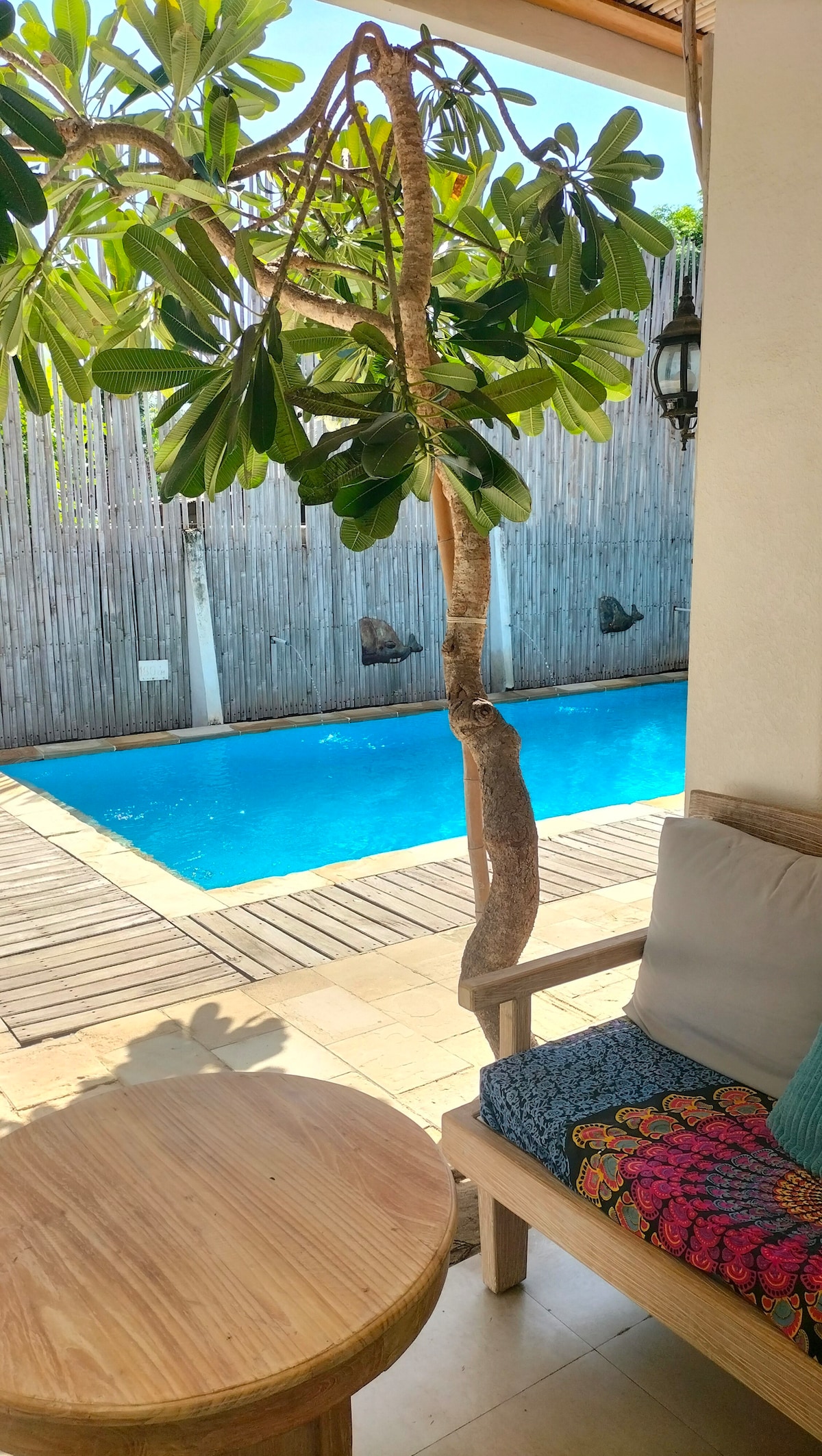 A glimpse of a private terrace features a wooden table paired with a cozy seating area, adorned with colorful cushions. A lush tree adds natural beauty, while a clear swimming pool can be seen in the background, surrounded by wooden decking and a bamboo fence.