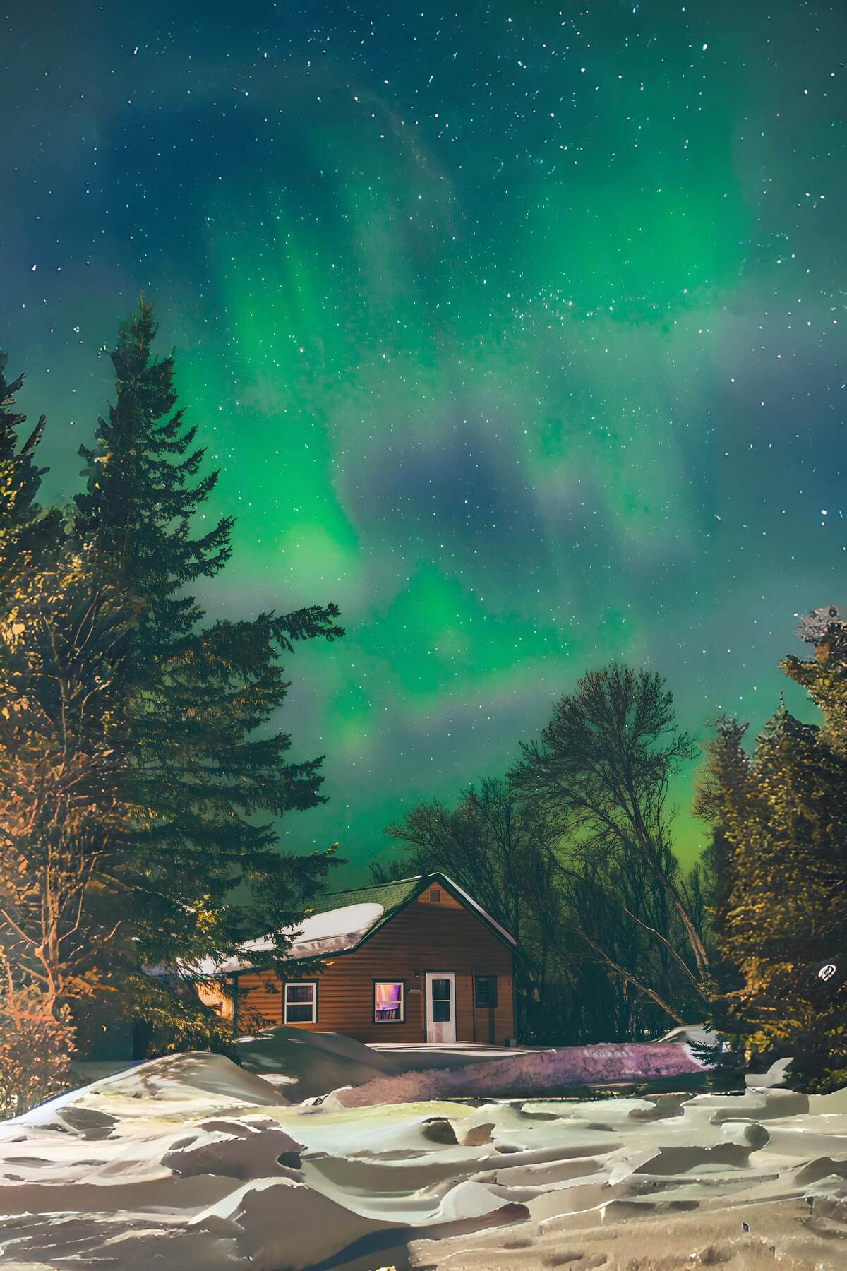 A cabin nestled among snow-covered trees is illuminated by the vibrant colors of the Northern Lights in the night sky. The surrounding landscape features a blanket of snow, while star-filled skies create a serene atmosphere. The cabin's warm glow adds a welcoming touch to the scene.