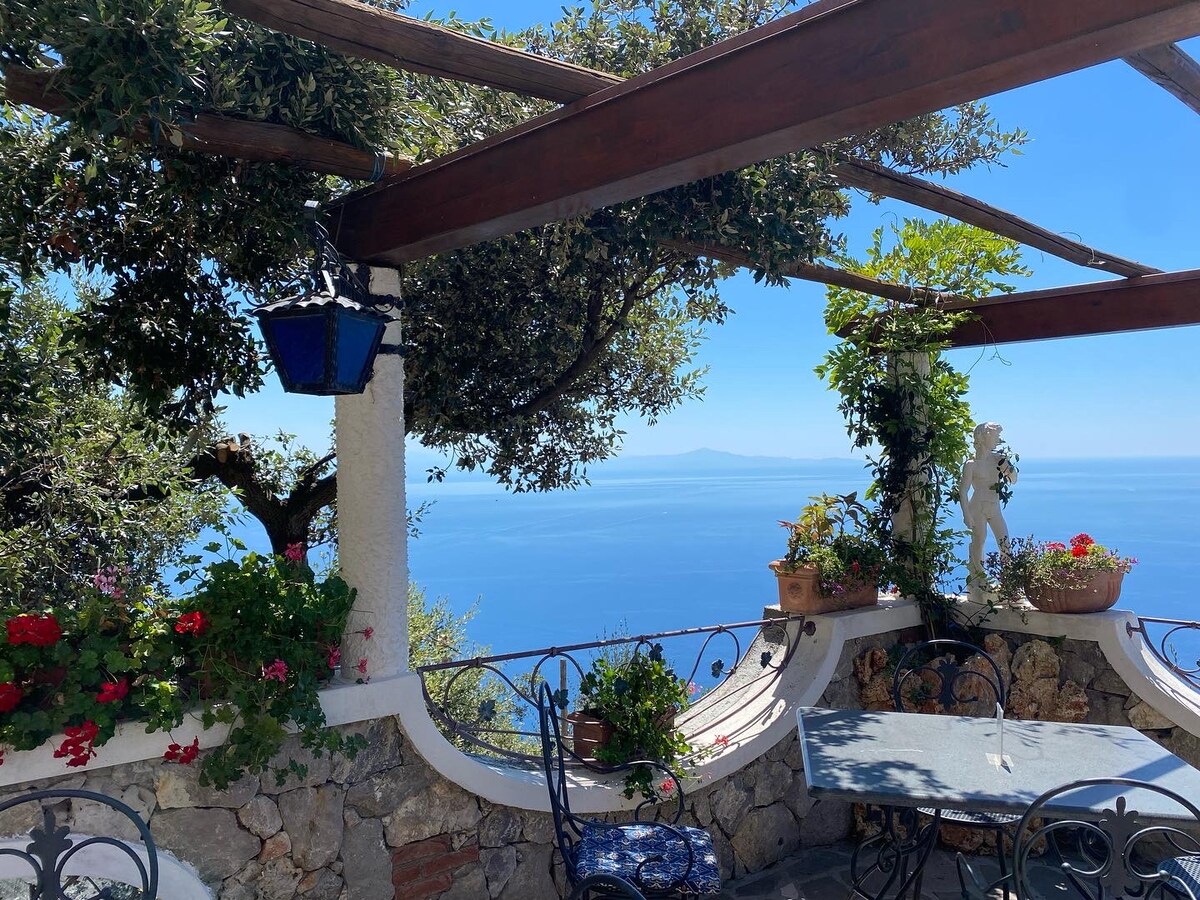 An outdoor terrace is framed by rustic wooden beams, adorned with climbing plants and potted flowers. Circular stone walls provide a cozy feel, while the sea view stretches beyond, showcasing a clear blue sky and distant hills rising from the water.