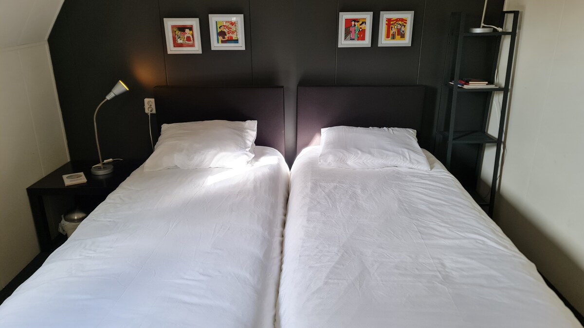 בחדר שינה 2 יש 2 מיטות קפיץ בודדות וכיור רחצה מיוחד בחדר.