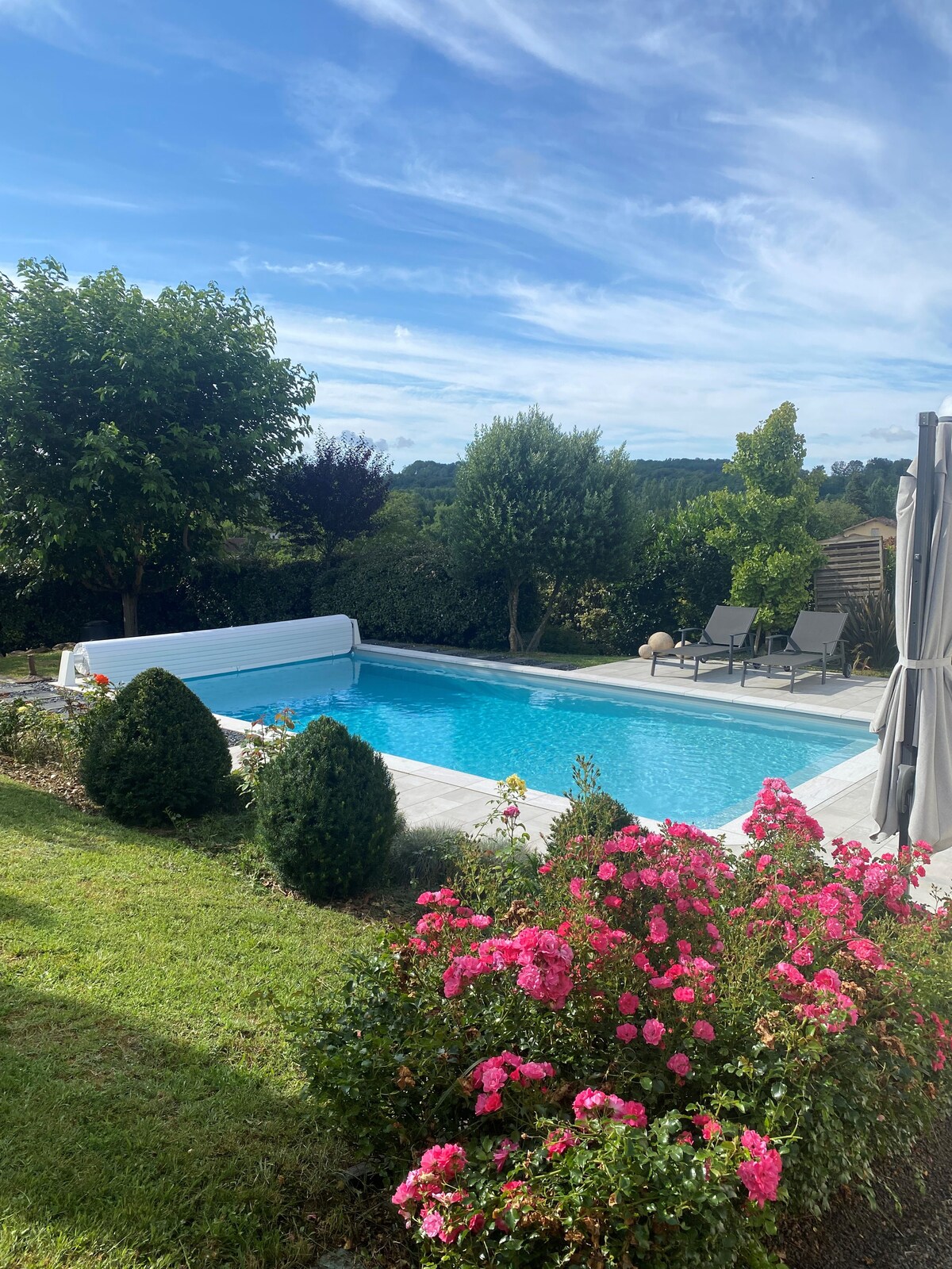 A private swimming pool is set against a backdrop of lush greenery, surrounded by blooming pink roses and neatly trimmed bushes. Comfortable lounge chairs are positioned beside the pool, providing a serene outdoor space for relaxation.