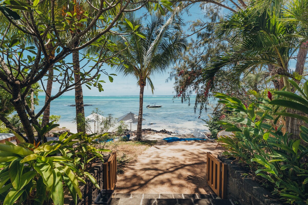 A pathway bordered by tropical plants leads toward a private beach. The scene features clear turquoise water and a calm shoreline, with a small boat visible on the sea. Lush palm trees sway gently in the breeze, enhancing the coastal atmosphere.
