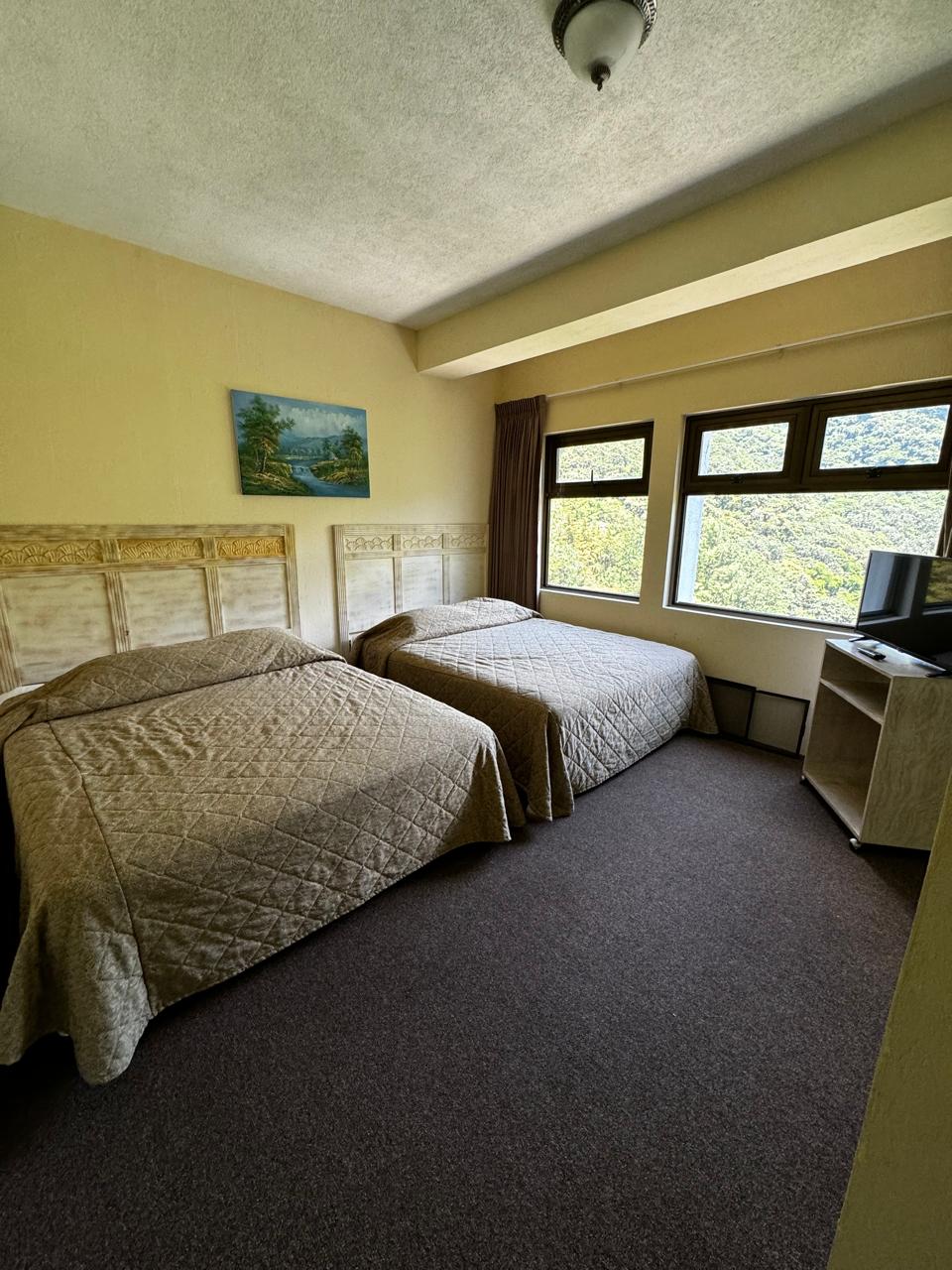 Recamara con 2 camas tamaño queen, con ventana que tiene vista al parqueo y montañas. Tiene Closet y Smart TV