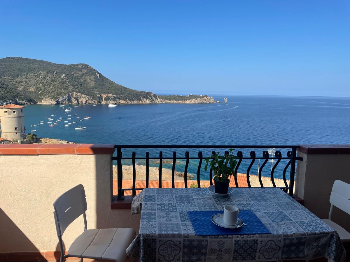 A spacious balcony overlooks the sea and a scenic coastline. A small table is set with a cup, and a green plant adds a touch of nature. The distant hills and boats in the water contribute to the peaceful ambiance.