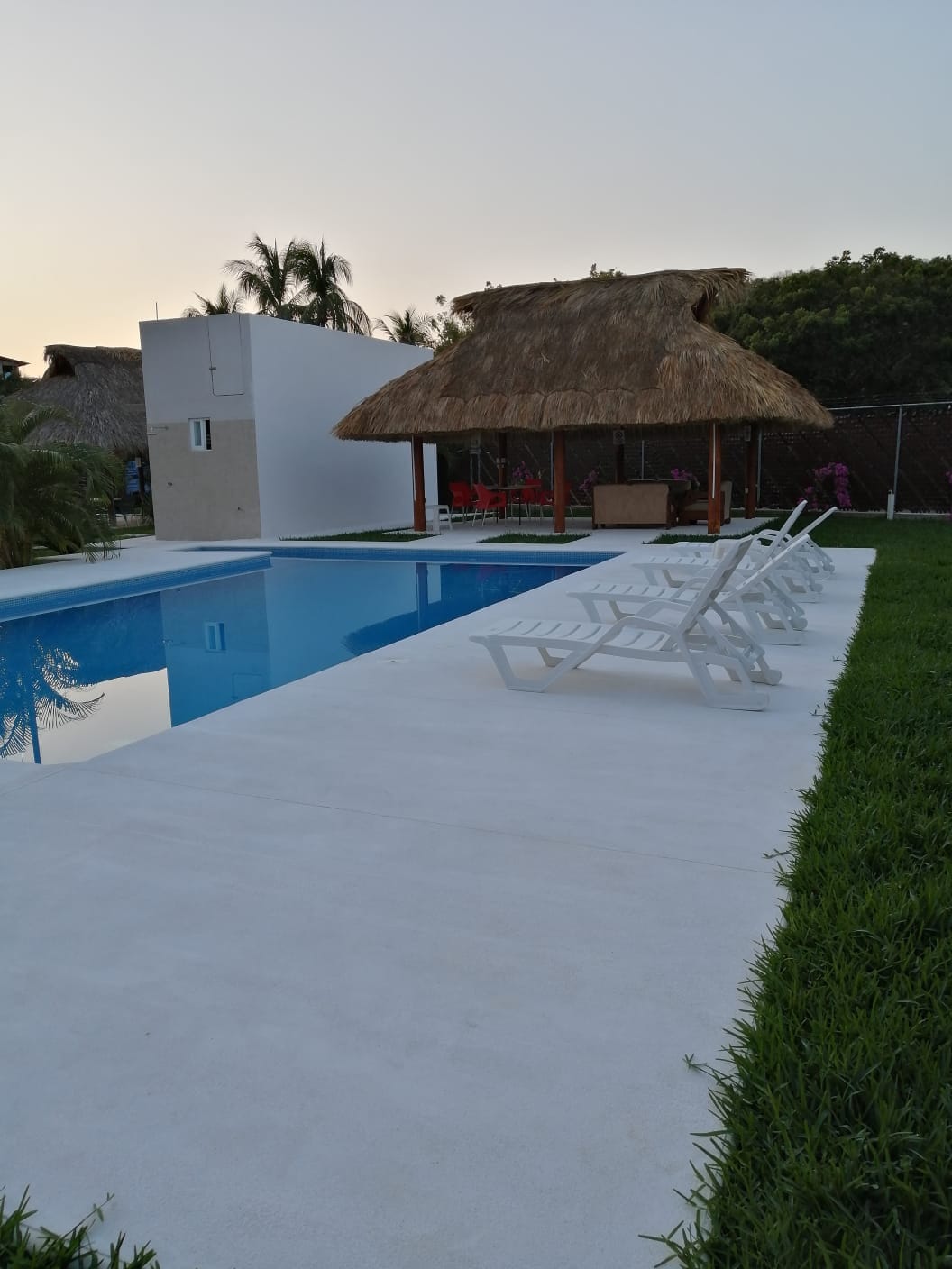 A refreshing pool reflects the surroundings, bordered by a wide white deck. Several white lounge chairs are positioned nearby, providing space for relaxation. A thatched-roof palapa is visible in the background, offering a shaded area for socializing amid lush greenery.