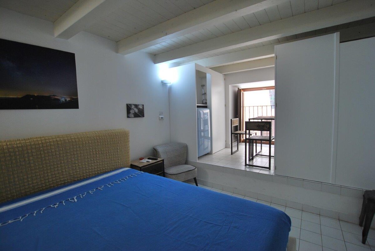 A spacious sleeping area is highlighted by a large bed with a blue spread, complemented by a cozy chair and bedside table. The room leads to a kitchenette area with a refrigerator and a dining space, framed by a large window allowing natural light.