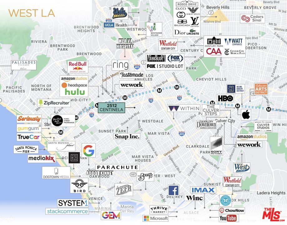A detailed map of West Los Angeles is displayed, featuring various locations marked with logos of businesses, organizations, and services. The map highlights significant areas and provides spatial orientation to nearby attractions and amenities.
