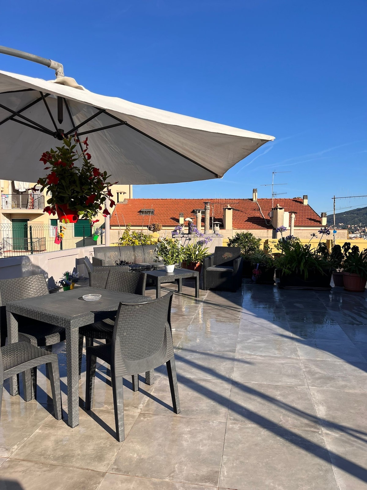 A spacious rooftop terrace is furnished with a dark table and chairs, accompanied by potted plants and vibrant flowers. A large umbrella provides shade, while the bright blue sky enhances the outdoor dining area, offering scenic views of the surrounding rooftops.