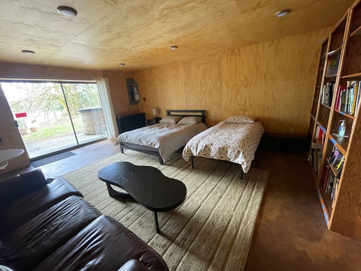 The basement bedroom has a view of the lake and sliding doors facing west.  It has the most insulated sound proofing in the Lodge, AC/heat control and our family library.