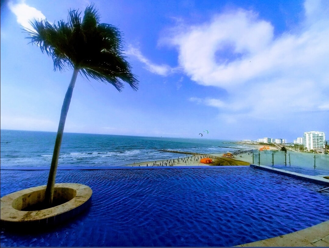 An infinity pool extends towards the horizon, with a palm tree leaning over the water. The ocean can be seen in the distance, dotted with colorful kites in the sky. The shoreline is visible, complementing the tranquil blue tones of the scene.