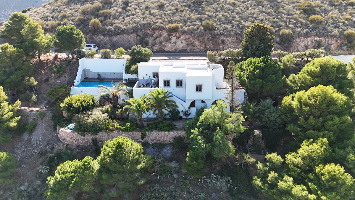 A two-story white house is surrounded by lush greenery and a well-maintained garden. The property features a private pool and a variety of palm trees. The hillside location provides a scenic view of the surrounding landscape.
