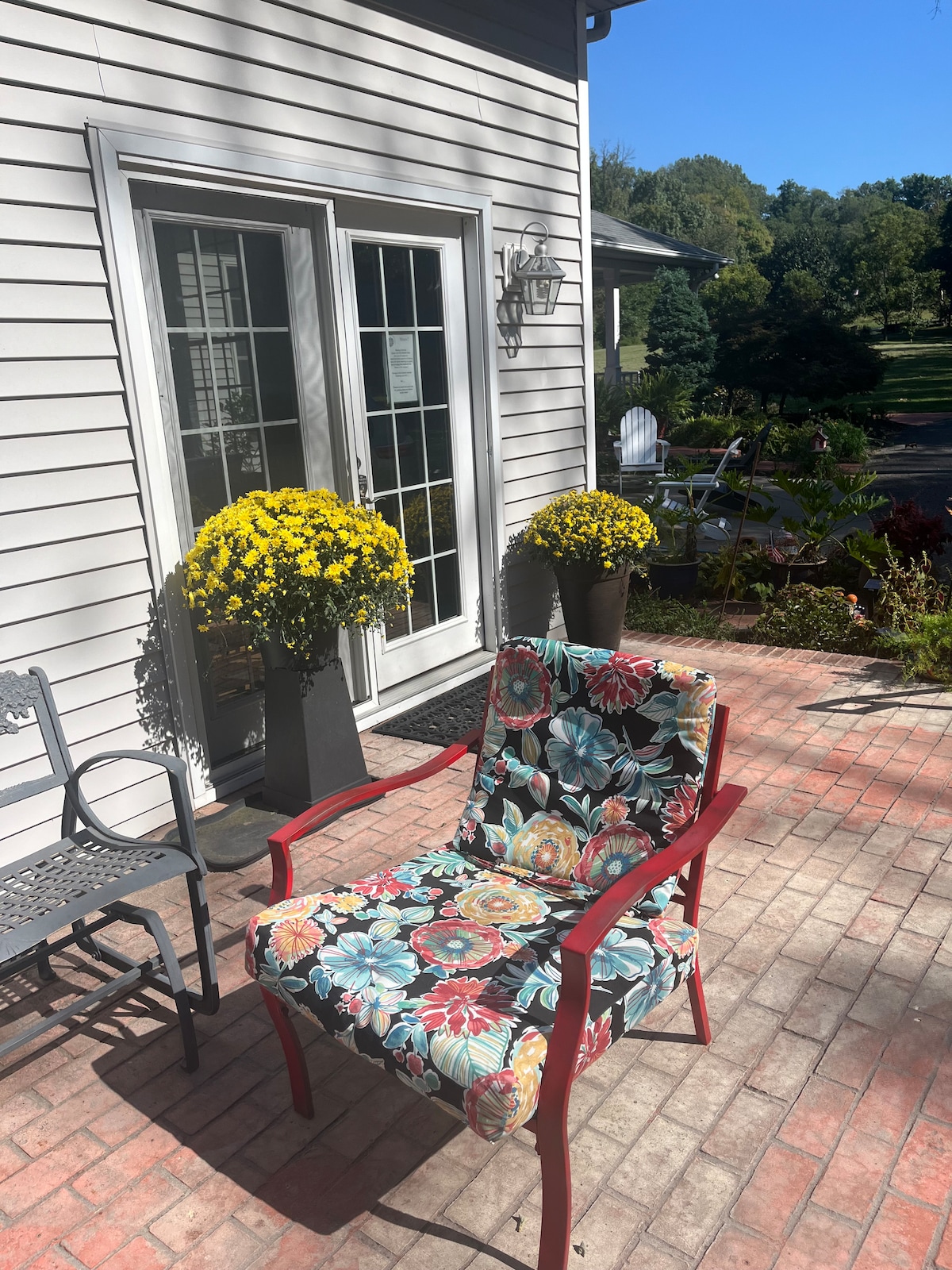 A vibrant floral-patterned chair is positioned on a brick patio, inviting relaxation. Surrounding the chair, potted yellow mums add a splash of color. Large glass doors provide a view of the outdoor greenery, contributing to the serene atmosphere.