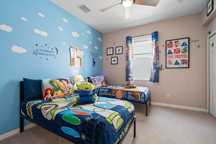 Toy Story themed bedroom is a kids favorite! Woody, Buzz, Jessie, and Bullseye are all here to help keeps the kids busy, but be sure to keep them safe at home for everyone else to enjoy!
