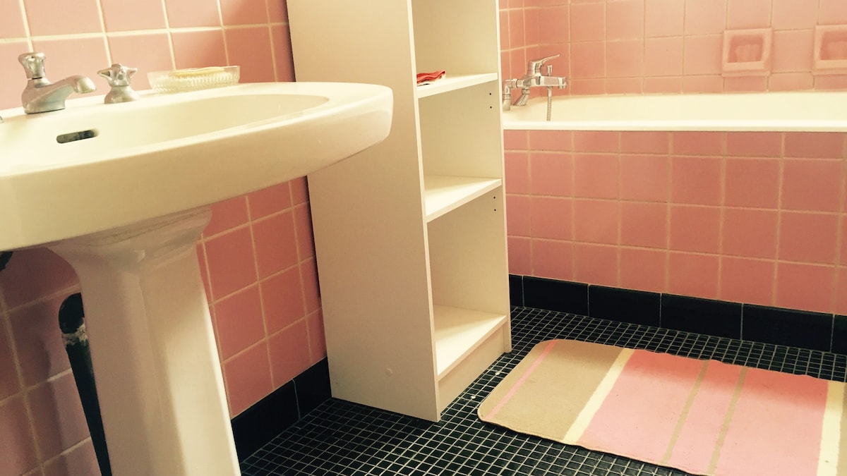A bright bathroom features pink tiled walls and a black tiled floor. A white pedestal sink is positioned near a simple shelving unit. A bathtub is set against the wall, and a pink and beige striped bath mat lies on the floor.