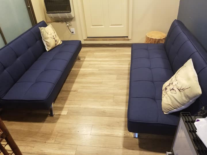 Two Firm Serta Futons are both couches and additional sleeping beds.