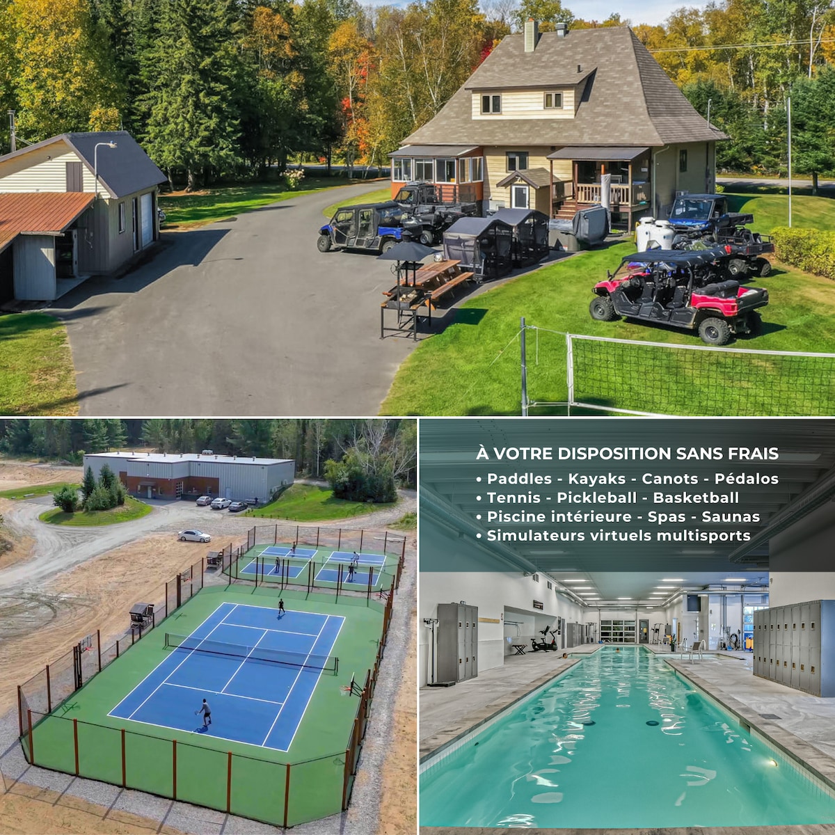 A spacious chalet surrounded by trees displays a large driveway and parking area. Several recreational amenities are visible, including paddleboards, kayaks, and pedalo boats. Tennis and pickleball courts are set adjacent to an indoor pool and spa area, creating a comprehensive outdoor and indoor activity space.