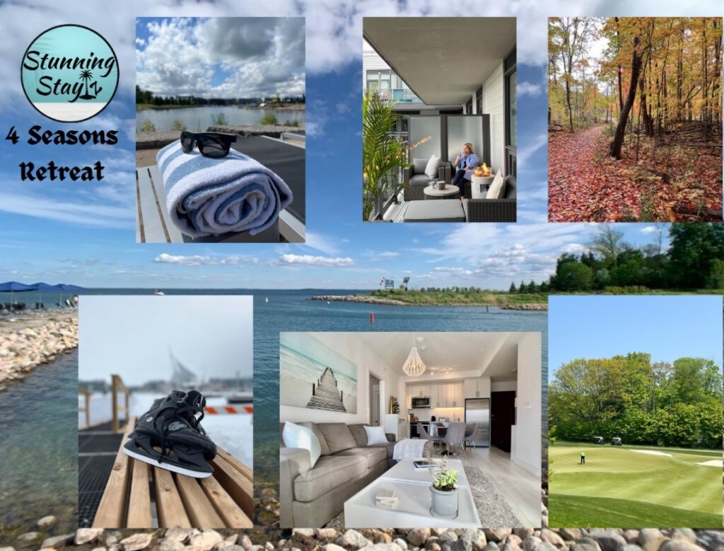 A collage captures various seasonal activities at the property. The top left features towels and sunglasses on a deck, while the top right shows a guest relaxing on a balcony surrounded by vibrant fall foliage. The bottom images showcase a stylish interior and an outdoor golf course.