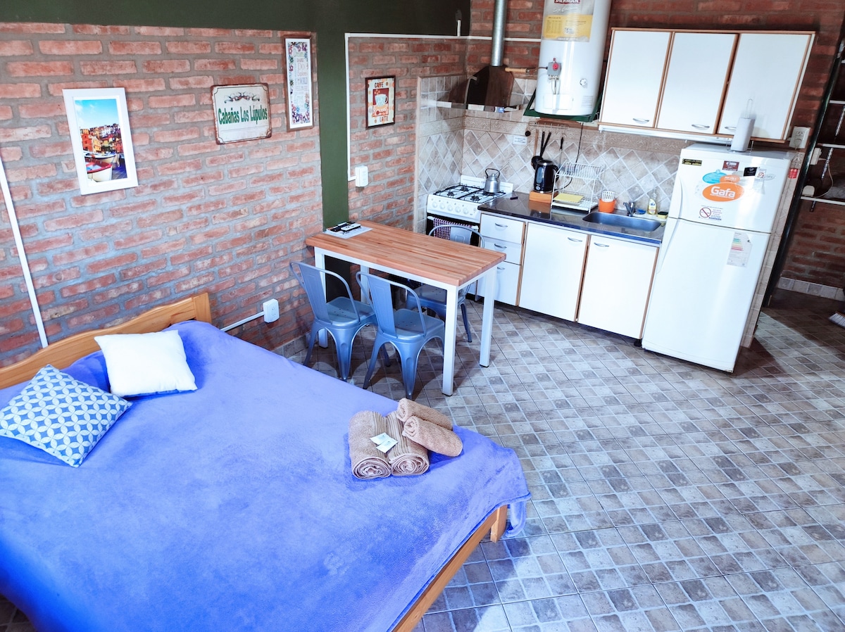 A spacious area features a comfortable bed covered with a blue blanket, complemented by decorative pillows. A wooden table is positioned next to the bed, accompanied by three metal chairs. The kitchenette area is equipped with essential appliances, including a stove and refrigerator, set against brick walls.