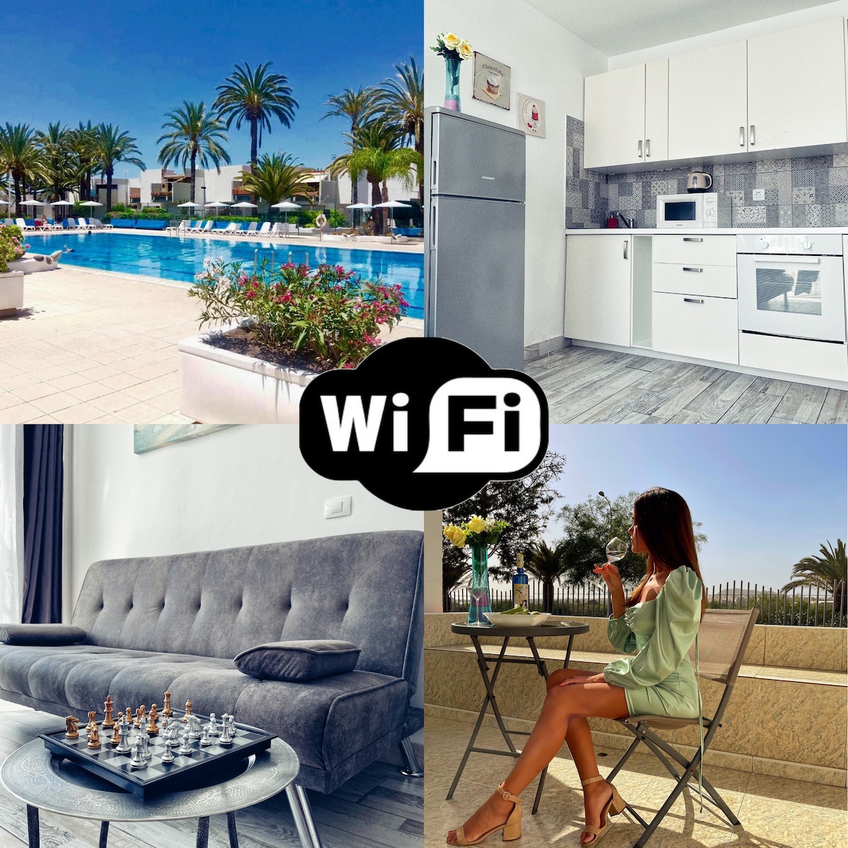 The image presents a vibrant outdoor pool area framed by palm trees. Inside, a modern kitchen is visible with sleek appliances, while a cozy living space features a gray sofa and a chess set. A balcony offers a serene spot for enjoying a drink.
