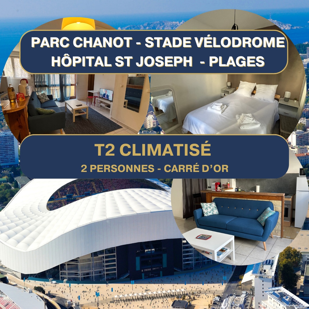 An informative collage featuring the highlights of the apartment. The top left showcases a living area with a sofa and natural light, while the top right displays a bedroom with a spacious bed. The bottom section presents an aerial view of the Stade Vélodrome.