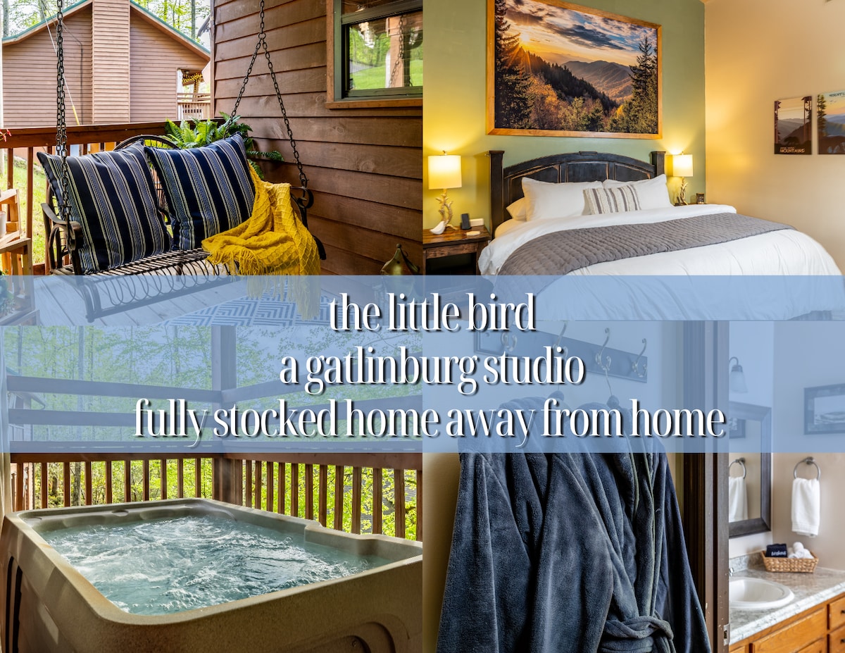 A cozy porch area is shown with a swing featuring dark blue and yellow stripes. The interior displays a plush king-sized bed with premium linens and soft pillows. A bubbly hot tub with jets is visible, accompanied by plush robes for relaxation.