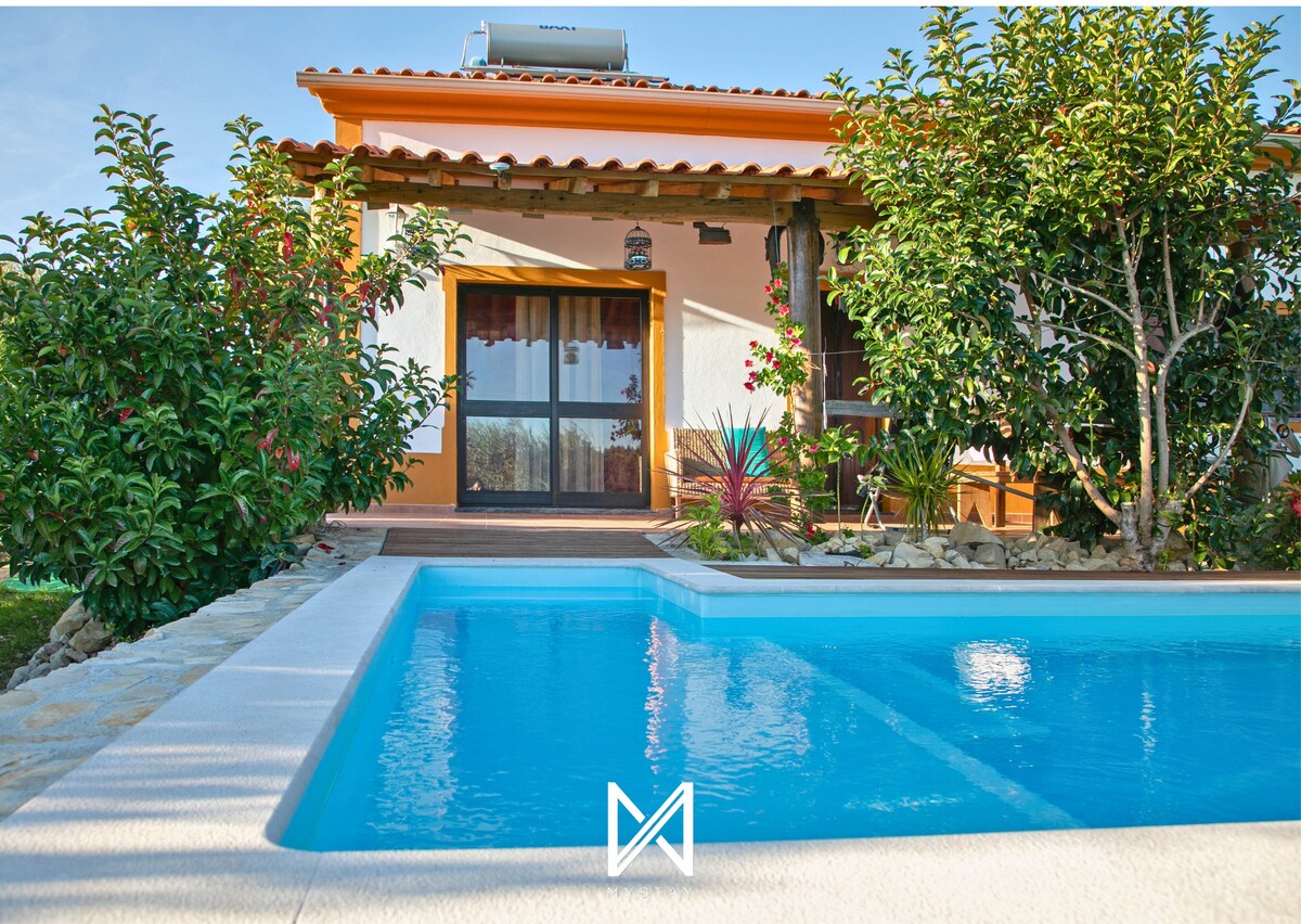 The image showcases a villa with a private swimming pool, surrounded by lush greenery. The pool reflects the clear blue sky, and the entrance of the house is visible, featuring large glass doors that open to a serene outdoor space. Vibrant plants frame the area.