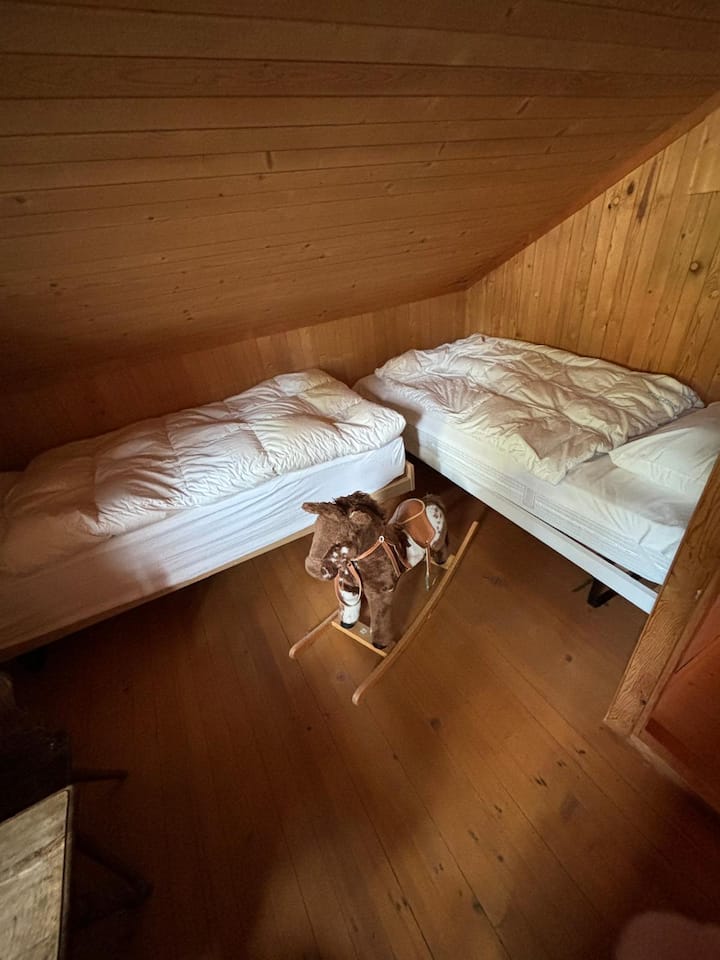 חדר שינה לילדים בקומה השנייה עם שתי מיטות יחיד, צעצועי עץ וספרים.